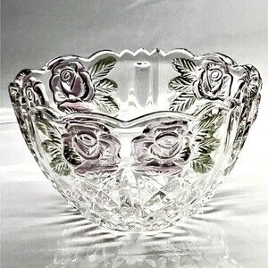 Anna Hutte Crystal ~ Pink & Green Etched Rose 4.75”  Bowl Germany~ Vintage